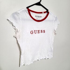 GUESS Womens Small White Red Ringer Baby Tee Logo Y2K Crop EUC